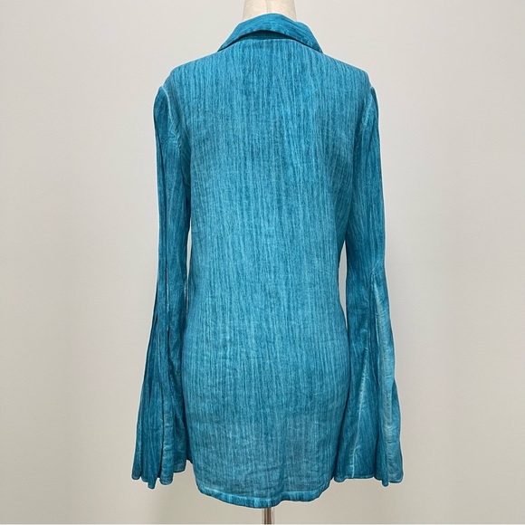 Rococo Sand Vita Long Bell Sleeves Button Down Teal Shirt Size Small - Picture 8 of 13